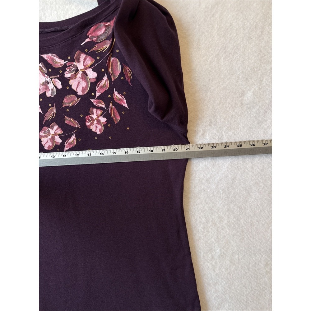 Croft & Barrow Deep Purple Floral Sequins 3/4 Sleeves Cotton Top L Boho Chic Art - Picture 4 of 7